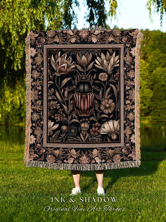 Baroque Victorian Dark Botanical Beetle Tapestry Blanket Antique Gold Vintage Floral Art Deco | Fairycore Goblincore Gothic Macabre Decor