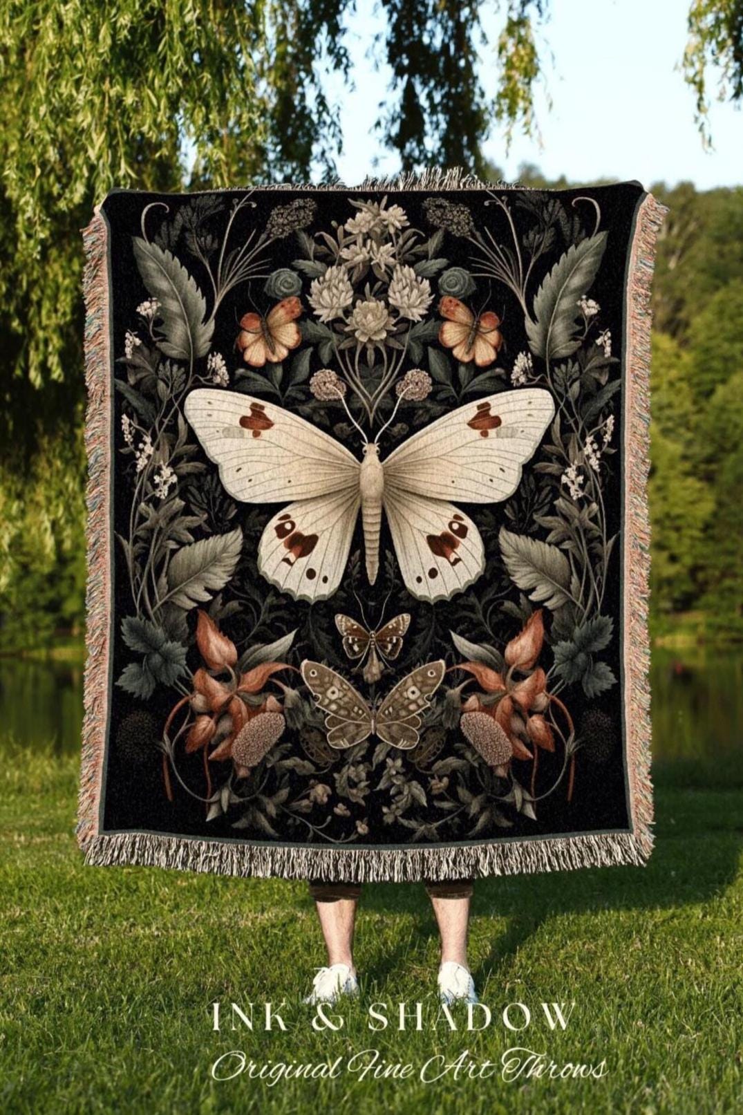 Fairy Grunge Moth Tapestry | Witchy Aesthetic Room Decor Gothic Art Crowcore Room Decor Dark Cottagecore Art Butterfly Moth Blanket Woven |