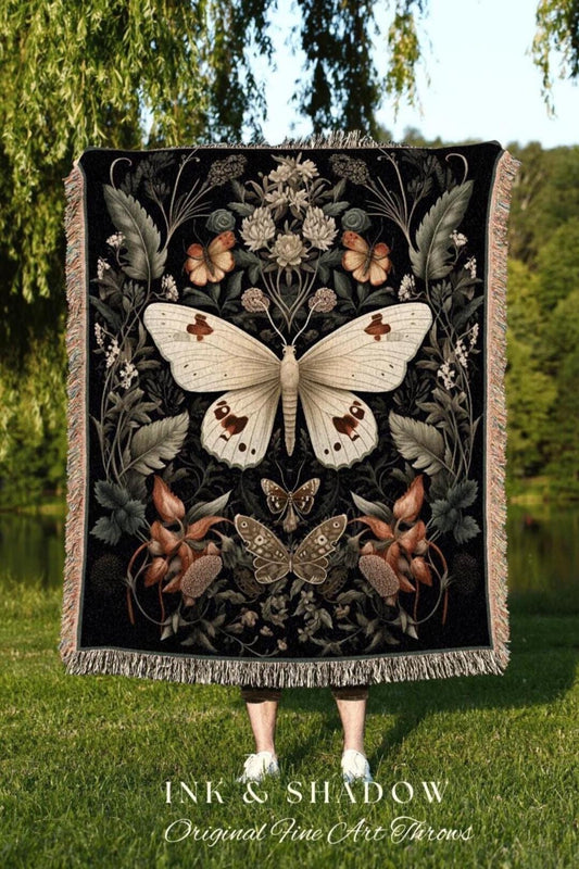 Fairy Grunge Moth Tapestry | Witchy Aesthetic Room Decor Gothic Art Crowcore Room Decor Dark Cottagecore Art Butterfly Moth Blanket Woven |