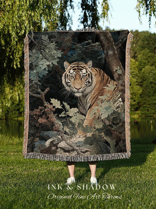 Gothic Tiger Painting Blanket Woven Tapestry | Renaissance Blanket Woven Blanket Jungle Cat | Whimsigoth Room Decor Jungle Aesthetic Blanket