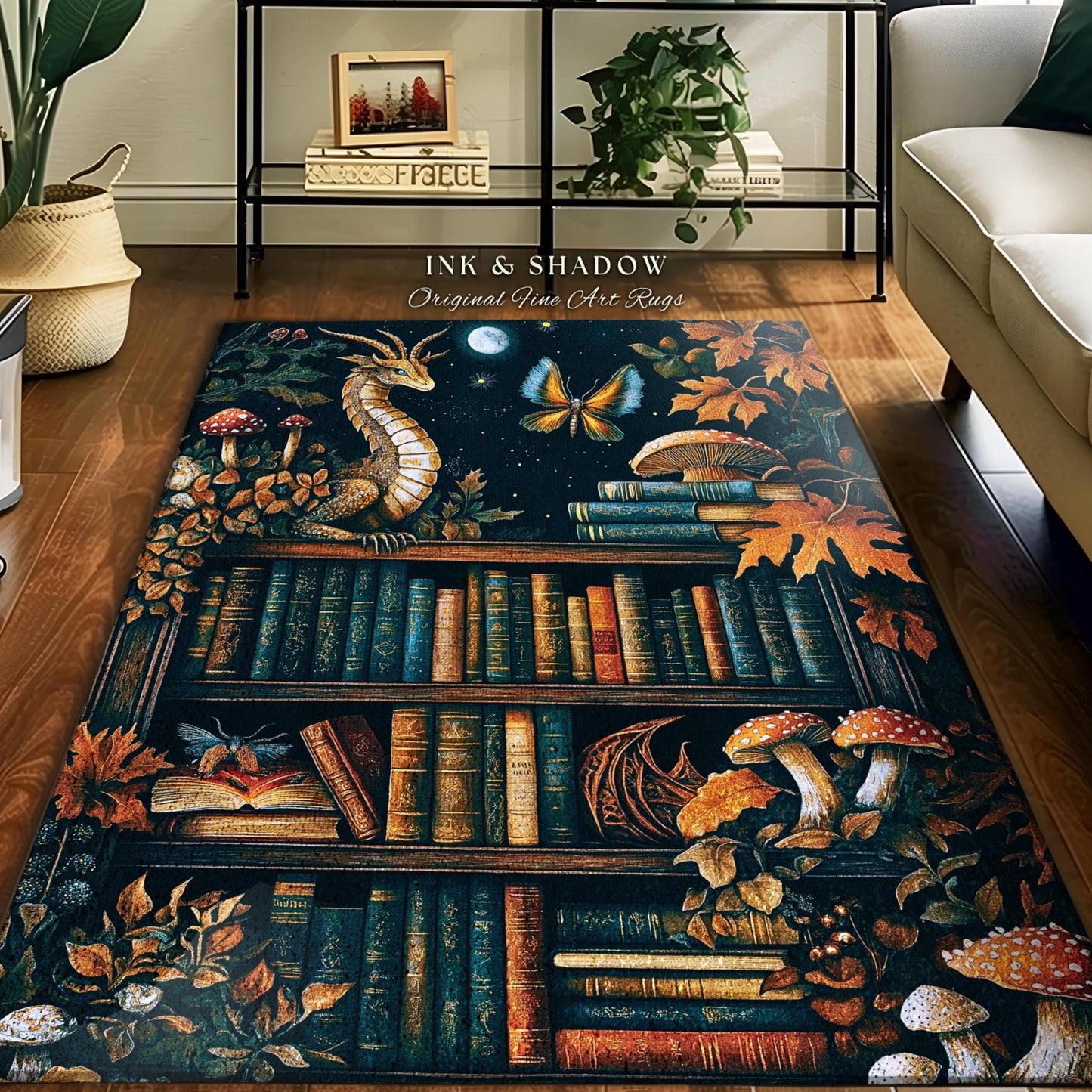 Midnight Blue Magical Literary Dragon Rug Mystic Moon Bookish Home, Whimsigothic Magic Bookshelf Book Lovers Folklore Fairytale Academia Art