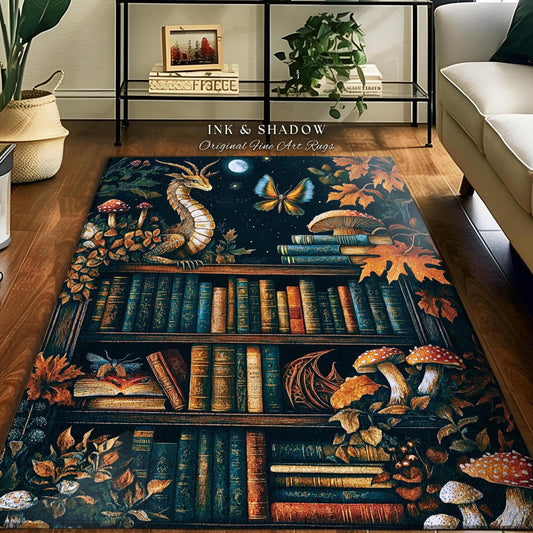 Midnight Blue Magical Literary Dragon Rug Mystic Moon Bookish Home, Whimsigothic Magic Bookshelf Book Lovers Folklore Fairytale Academia Art