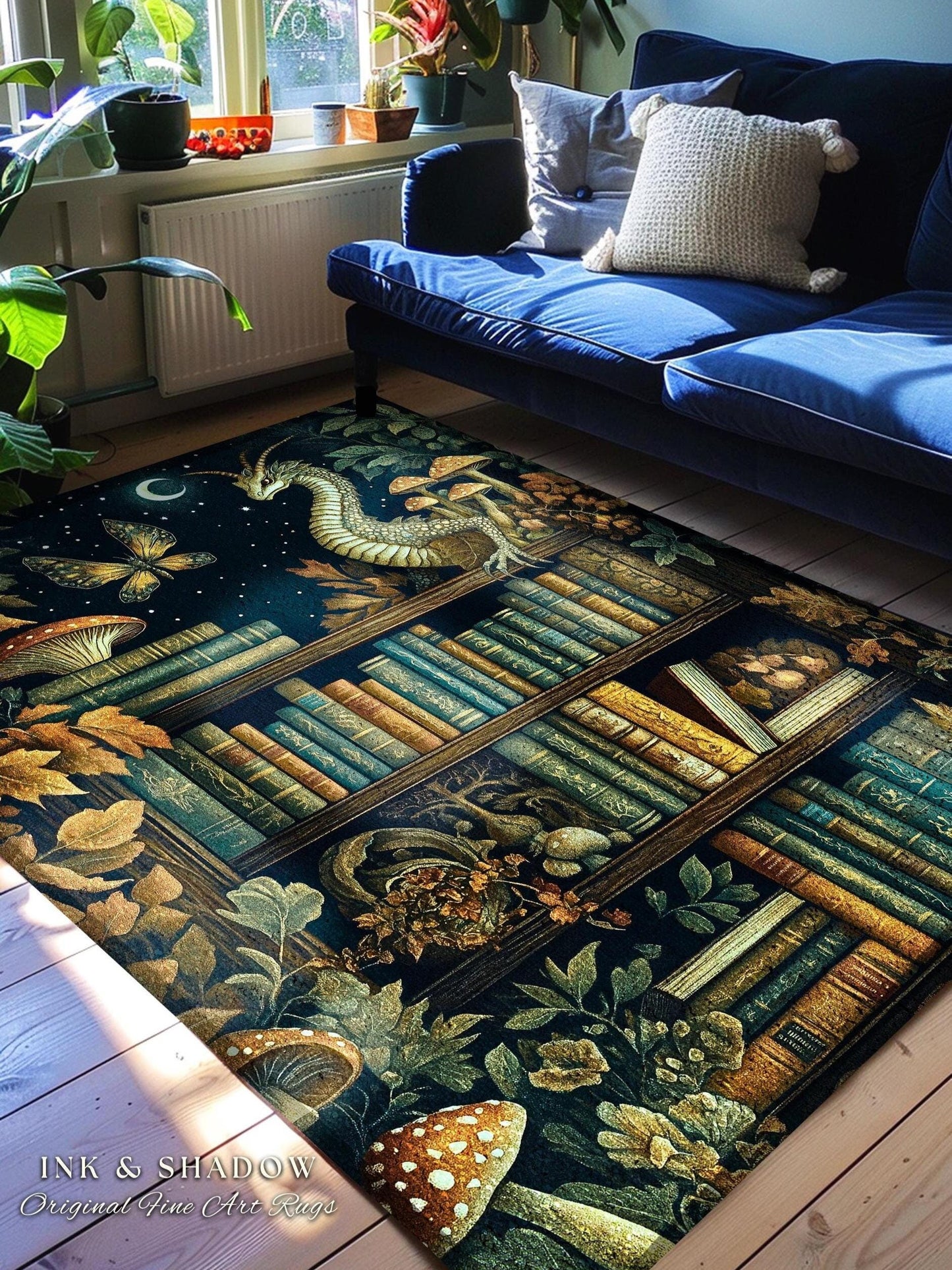 Whimsical Fantasy Bookshelf Enchanted Forest Fairycore Dragon Rug | Romantic Dark Academia Woodland Fairytale Bookish Booknook Home Decor