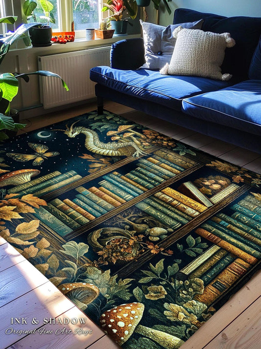 Whimsical Fantasy Bookshelf Enchanted Forest Fairycore Dragon Rug | Romantic Dark Academia Woodland Fairytale Bookish Booknook Home Decor
