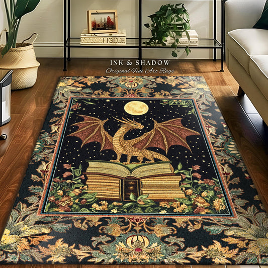 Book Nook Dragon Accent Rug | Dark Academia Magical Aesthetic Dark Rug for Book Lover Whimsigothic Bedroom Medieval Cottagecore Storybook |