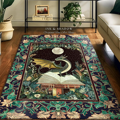 Mystic Academia Dragon Area Rug | Moonlit Fantasy Book Nook Accent Whimsical Bedroom Fairytale Dark Cottagecore Floral Storybook Aesthetic |