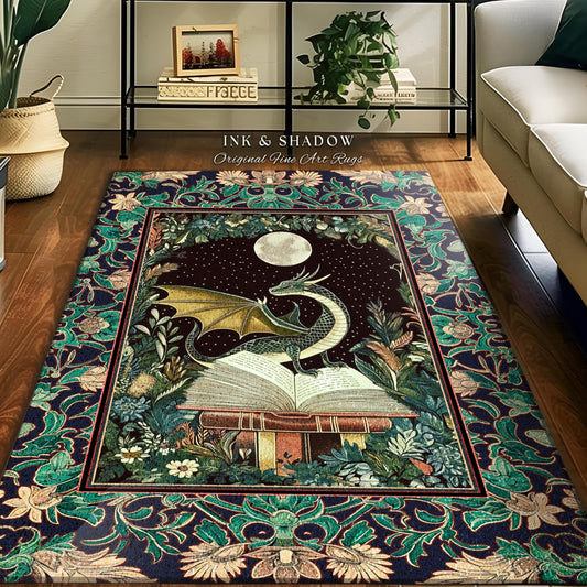 Mystic Academia Dragon Area Rug | Moonlit Fantasy Book Nook Accent Whimsical Bedroom Fairytale Dark Cottagecore Floral Storybook Aesthetic |
