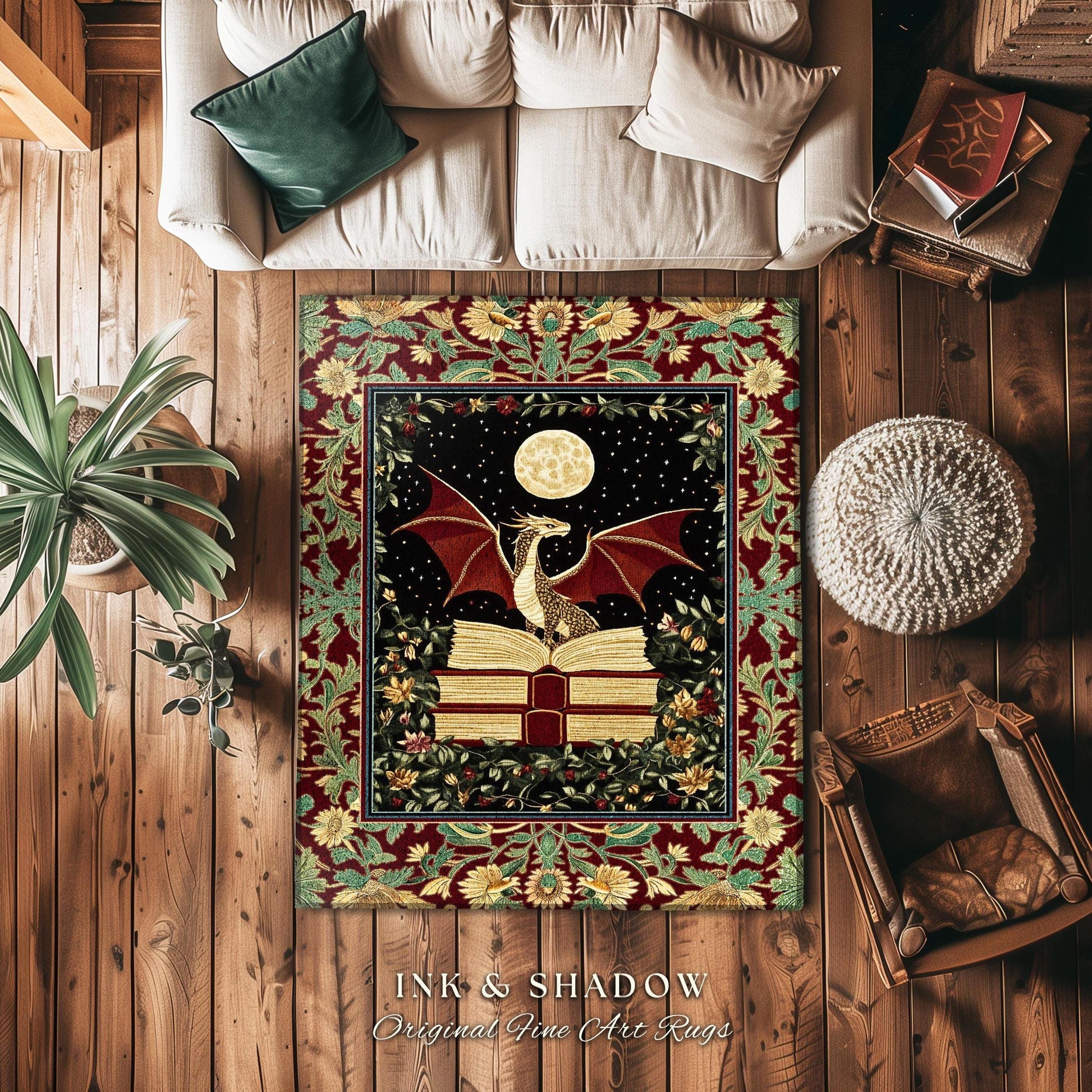 Baroque Maximalist Dragon Lover Rug | Dark Academia Reading Corner Area Rug Ethereal Bedroom Whimsigothic Enchanting Home Accent Boho Gothic