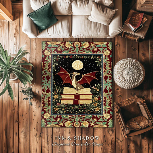 Baroque Maximalist Dragon Lover Rug | Dark Academia Reading Corner Area Rug Ethereal Bedroom Whimsigothic Enchanting Home Accent Boho Gothic