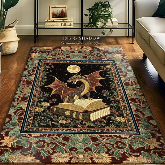 Witchy Spell Book Dragon Area Rug | Mysticism Aesthetic Magical Bedroom Reading Aesthetic Dark Rug for Book Nook Whimsigothic Medieval Goth