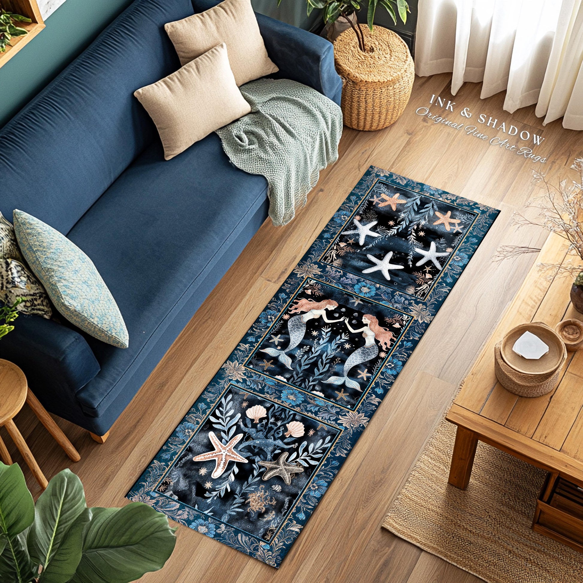 Mystical Midnight Blue Mermaid Rug Floral Oceanic Decor, Art Nouveau Coastal Cottagecore Whimsical Sea Nymph Enchanted Nautical Fantasy Rug