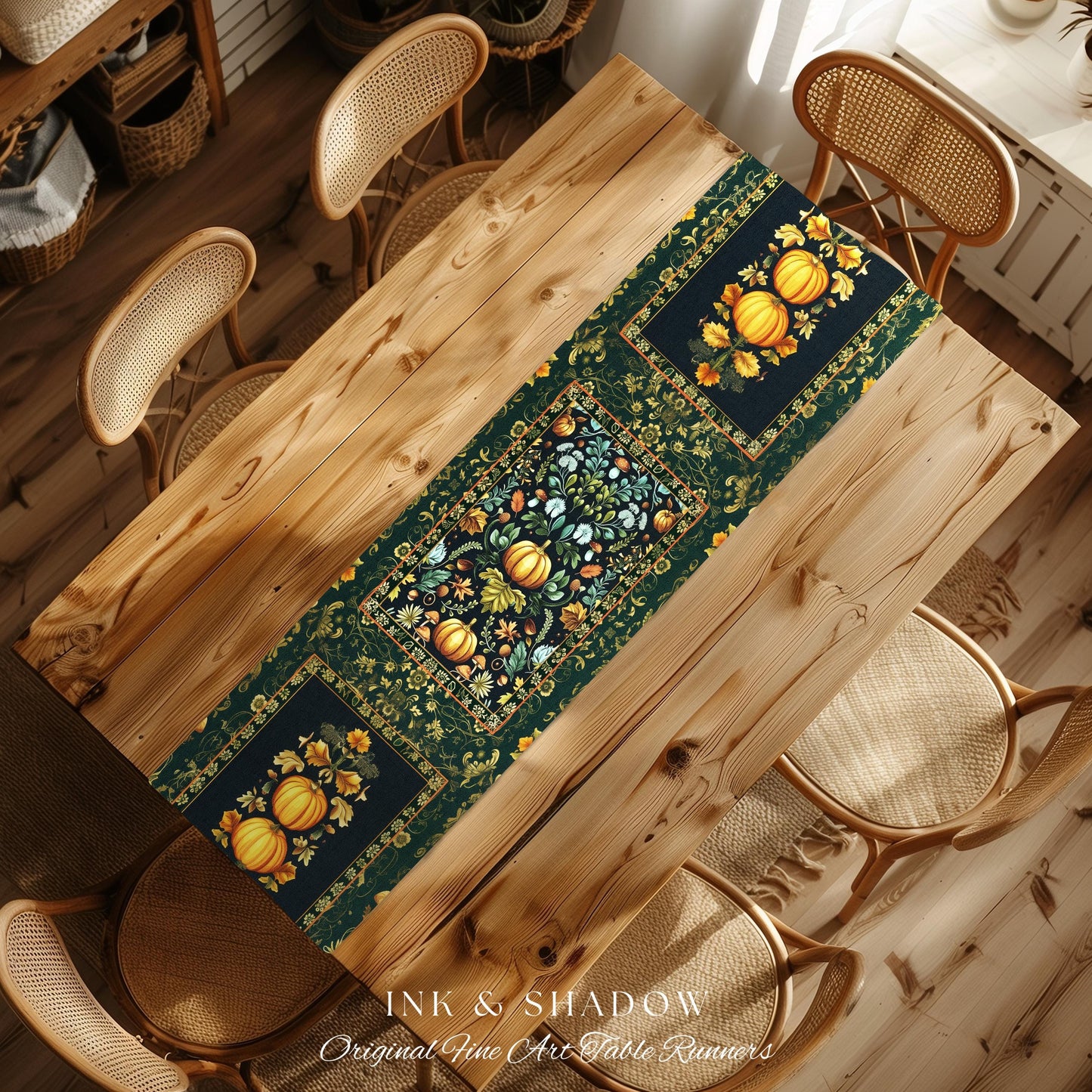 Dark Botanical Pumpkin Table Runner Gothic Decor Autumn Aesthetic | Cozy Cottagecore Rustic Fall Charm Whimsical Pumpkin Vintage Vibes Style