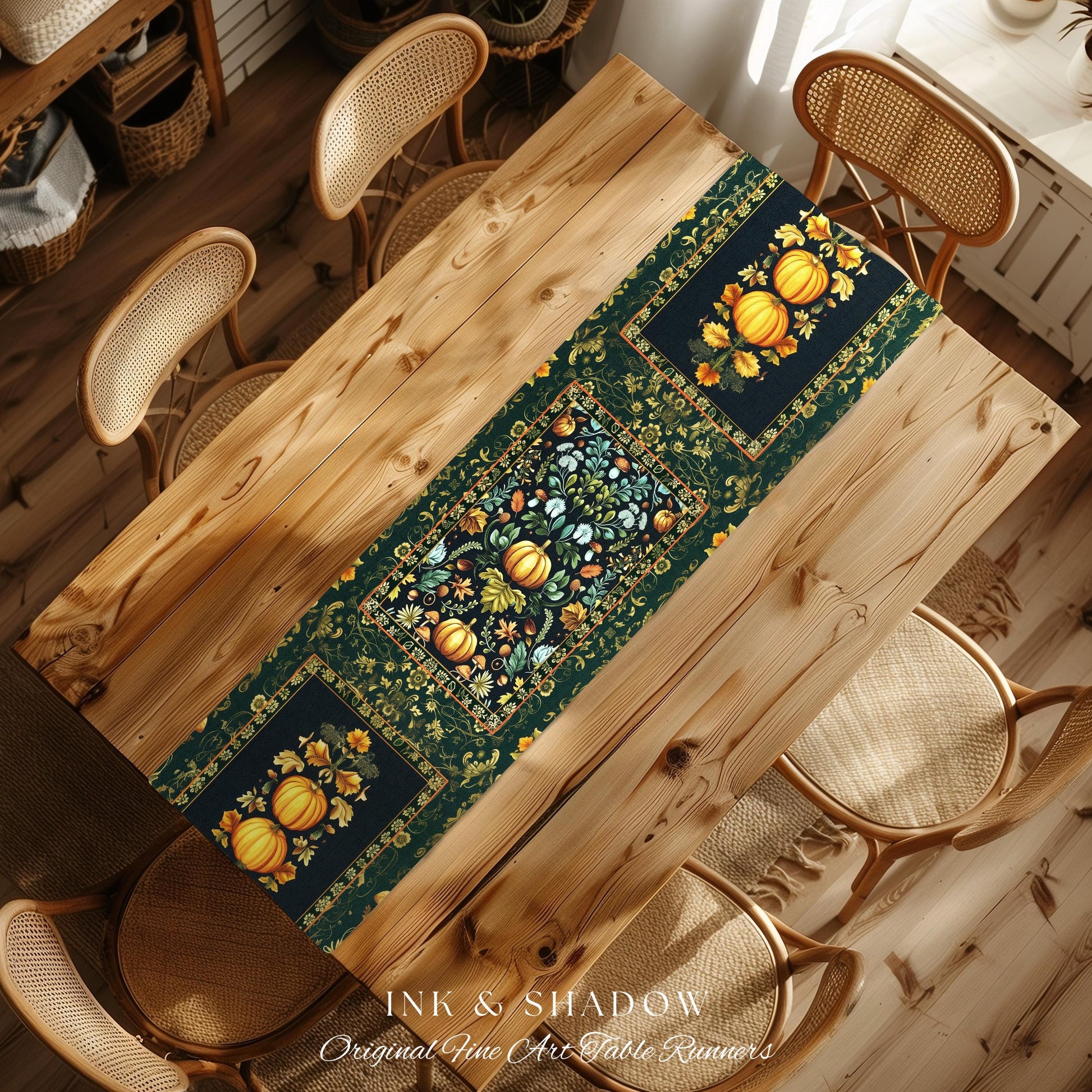Dark Botanical Pumpkin Table Runner Gothic Decor Autumn Aesthetic | Cozy Cottagecore Rustic Fall Charm Whimsical Pumpkin Vintage Vibes Style