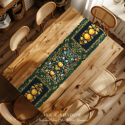 Dark Botanical Pumpkin Table Runner Gothic Decor Autumn Aesthetic | Cozy Cottagecore Rustic Fall Charm Whimsical Pumpkin Vintage Vibes Style