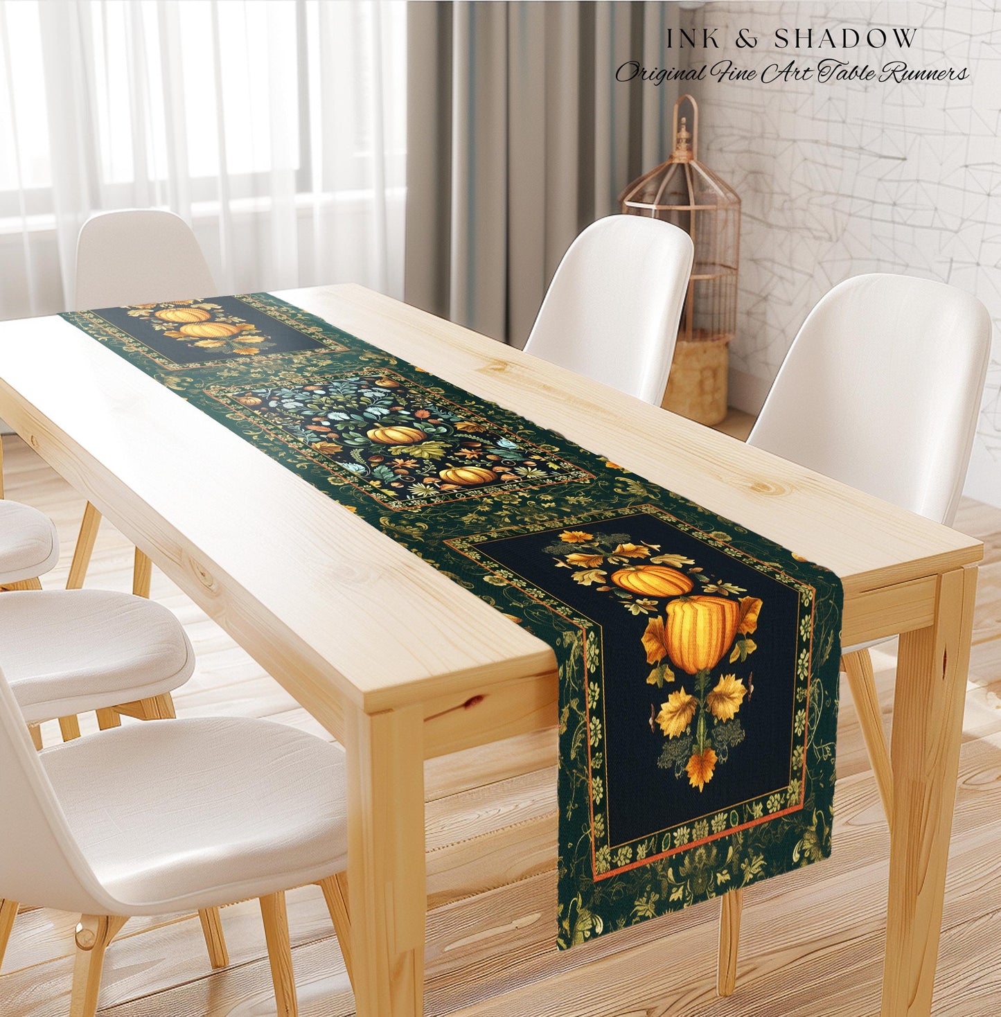 Dark Botanical Pumpkin Table Runner Gothic Decor Autumn Aesthetic | Cozy Cottagecore Rustic Fall Charm Whimsical Pumpkin Vintage Vibes Style