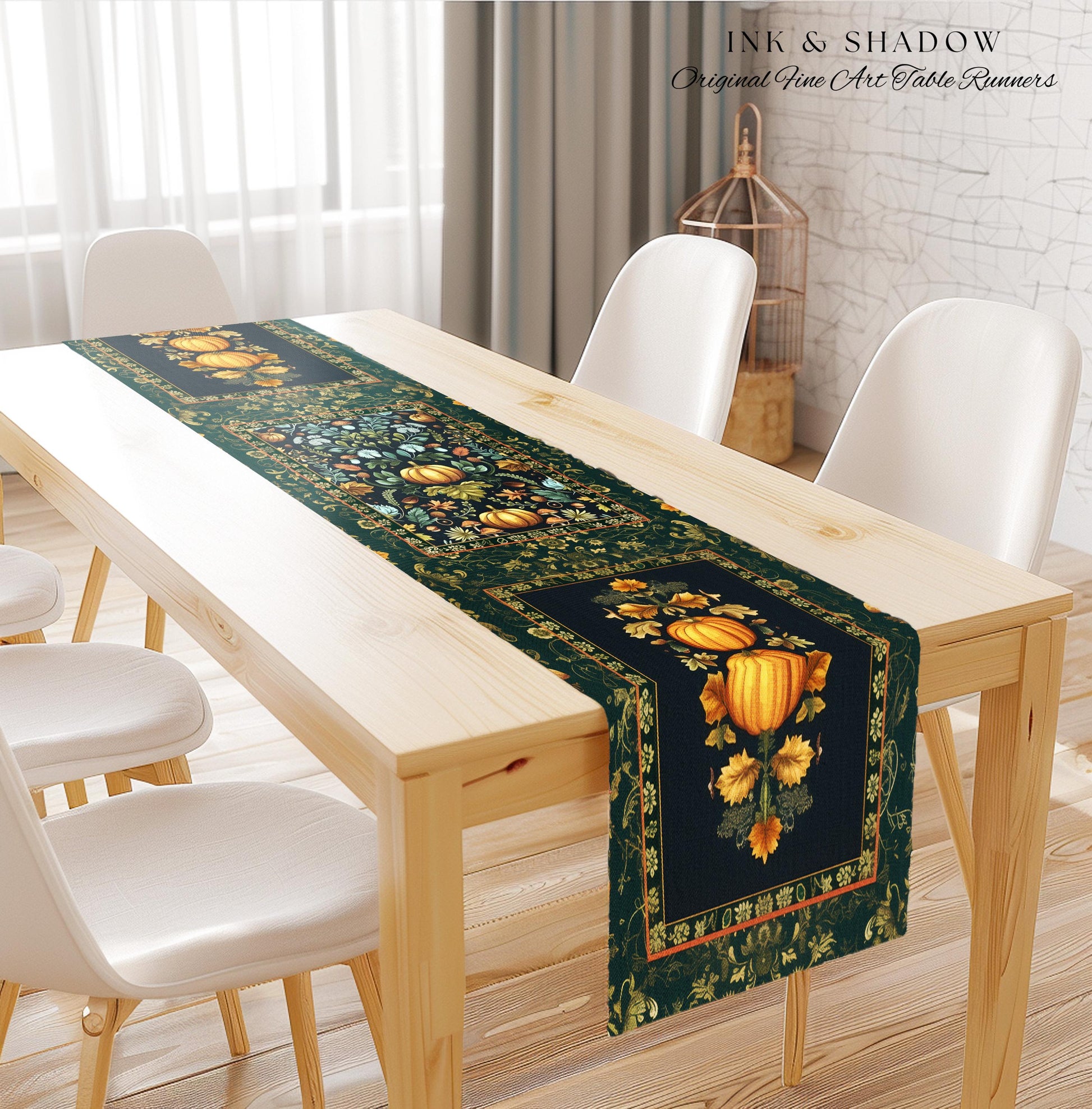 Dark Botanical Pumpkin Table Runner Gothic Decor Autumn Aesthetic | Cozy Cottagecore Rustic Fall Charm Whimsical Pumpkin Vintage Vibes Style