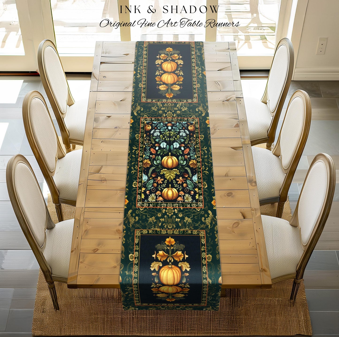 Dark Botanical Pumpkin Table Runner Gothic Decor Autumn Aesthetic | Cozy Cottagecore Rustic Fall Charm Whimsical Pumpkin Vintage Vibes Style