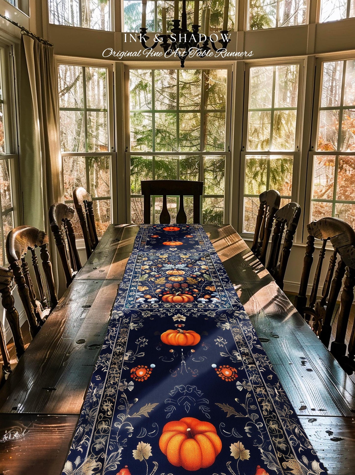 Blue Botanical Pumpkin Table Runner Vintage Aesthetic Autumn Lovers Decor | Fall Decoration Eclectic Dark Academia Elegant Boho Cottagecore