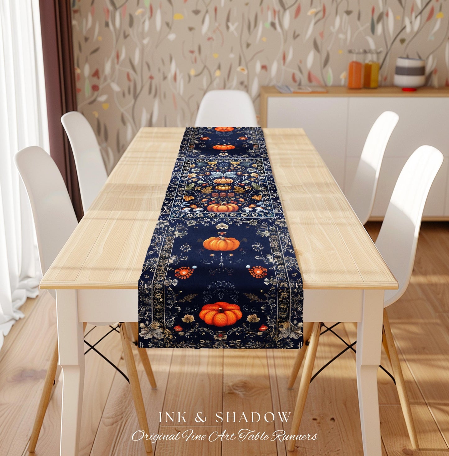 Blue Botanical Pumpkin Table Runner Vintage Aesthetic Autumn Lovers Decor | Fall Decoration Eclectic Dark Academia Elegant Boho Cottagecore