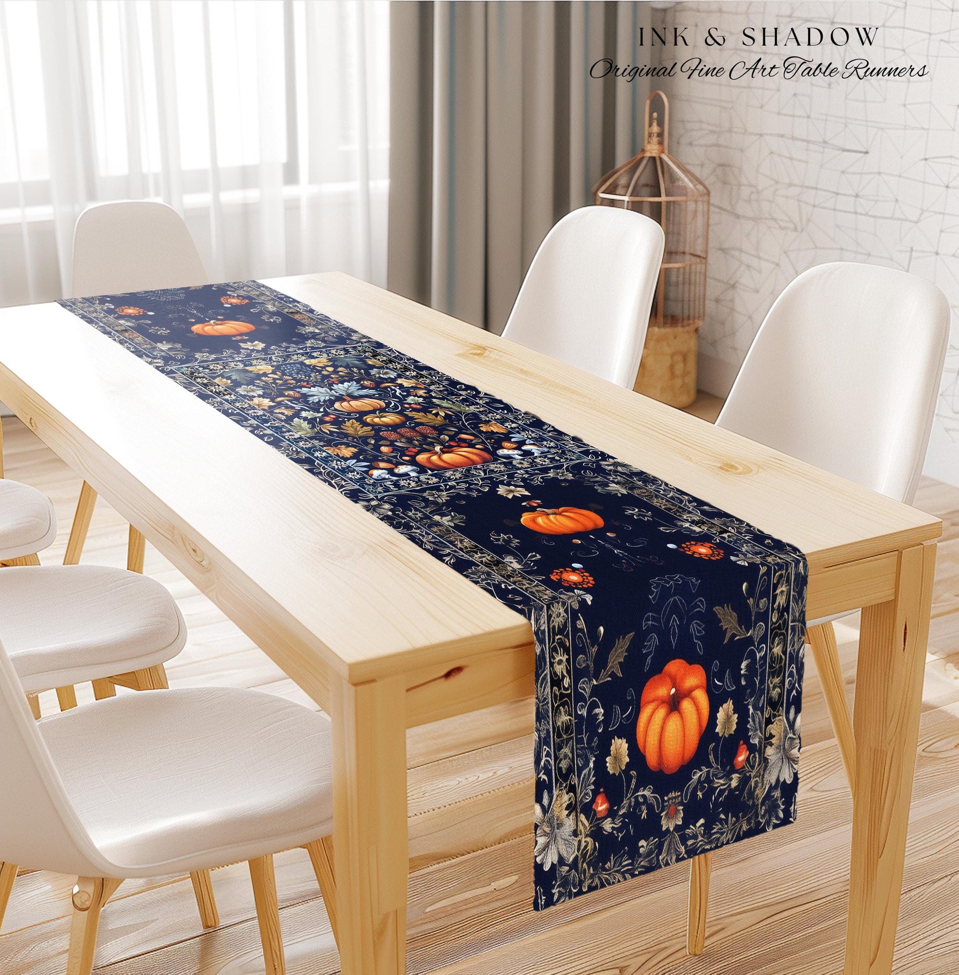 Blue Botanical Pumpkin Table Runner Vintage Aesthetic Autumn Lovers Decor | Fall Decoration Eclectic Dark Academia Elegant Boho Cottagecore
