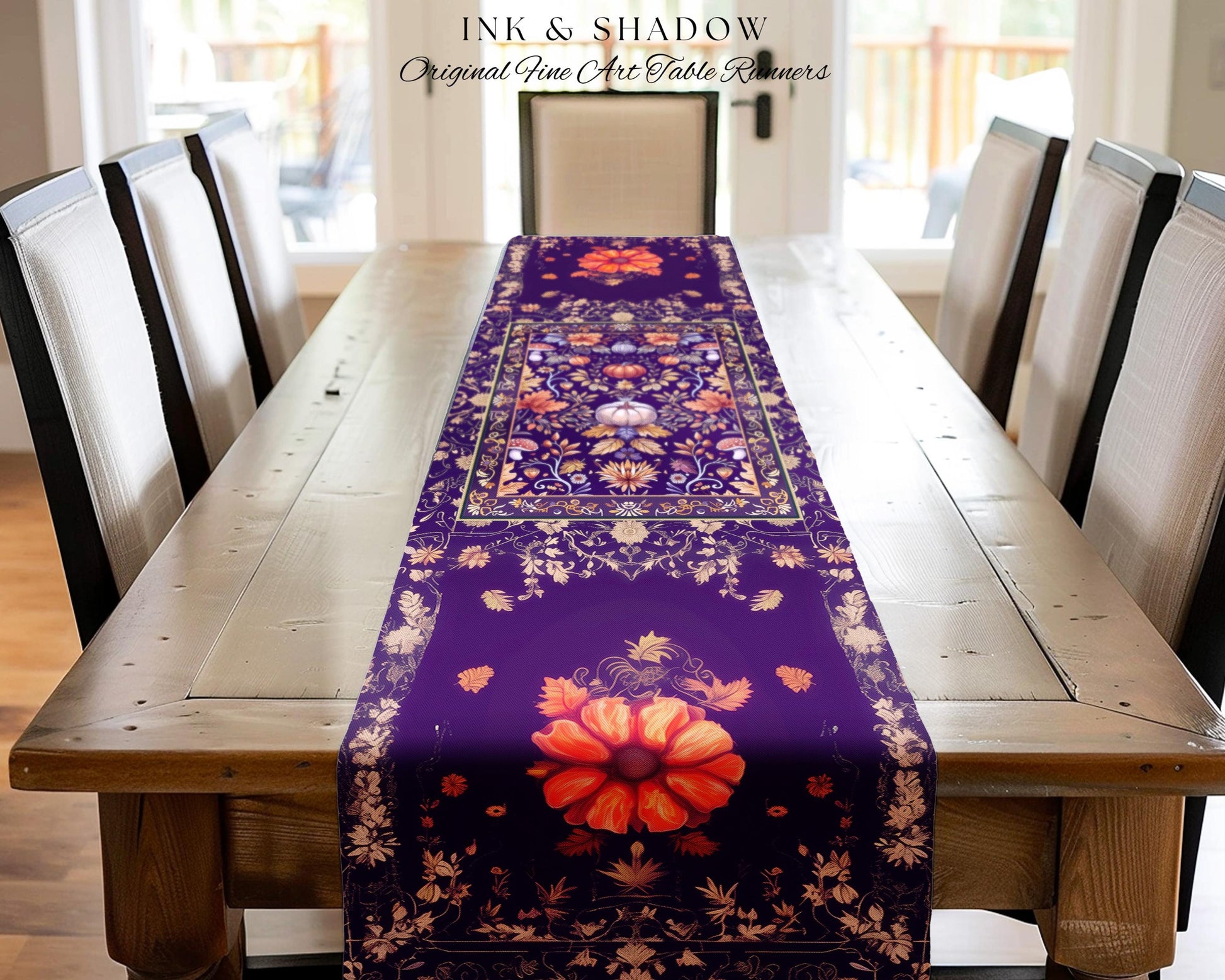 Enchanted Fall Pumpkin Whimsical Floral Table Runner | Dark Cottagecore Moody Botanical Art Purple Halloween Whimsigothic Fairycore Decor |