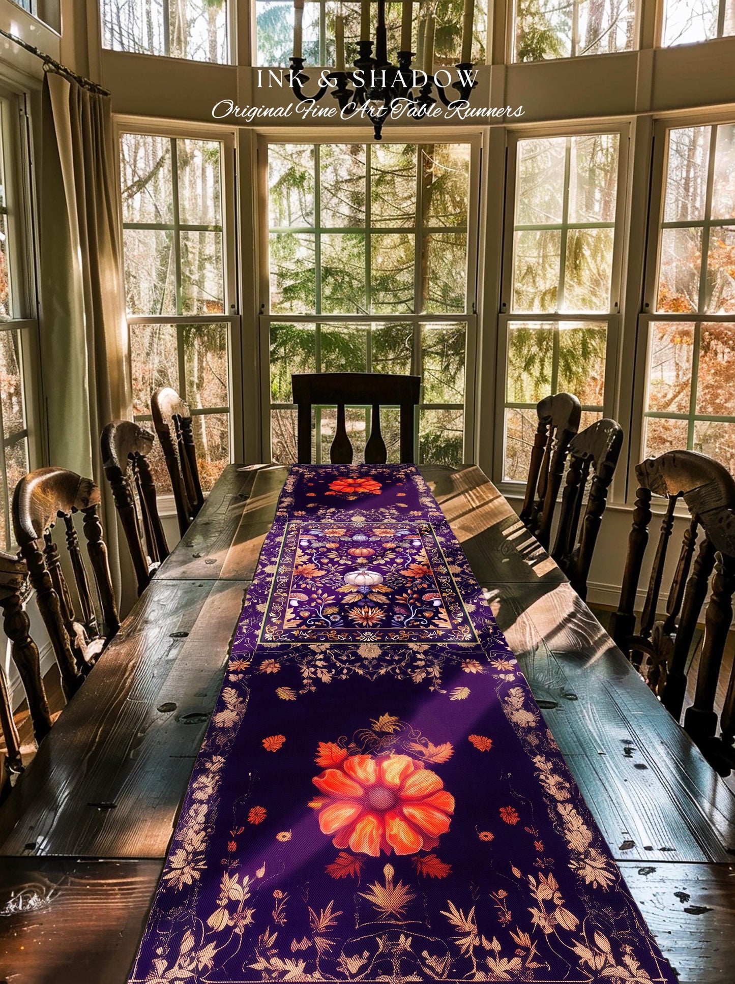 Enchanted Fall Pumpkin Whimsical Floral Table Runner | Dark Cottagecore Moody Botanical Art Purple Halloween Whimsigothic Fairycore Decor |