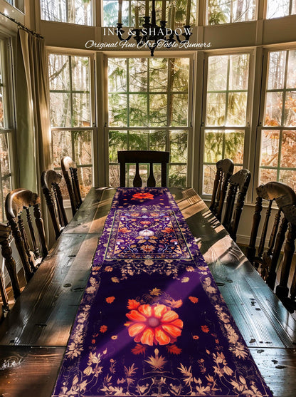 Enchanted Fall Pumpkin Whimsical Floral Table Runner | Dark Cottagecore Moody Botanical Art Purple Halloween Whimsigothic Fairycore Decor |
