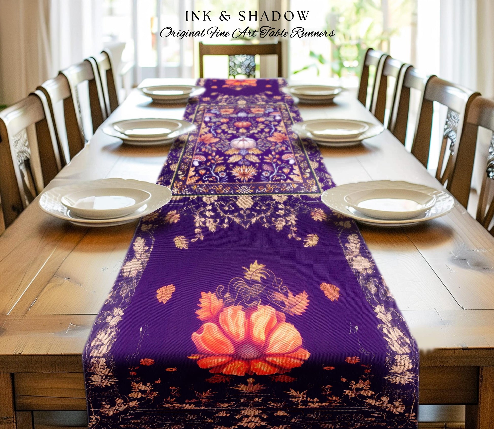 Enchanted Fall Pumpkin Whimsical Floral Table Runner | Dark Cottagecore Moody Botanical Art Purple Halloween Whimsigothic Fairycore Decor |