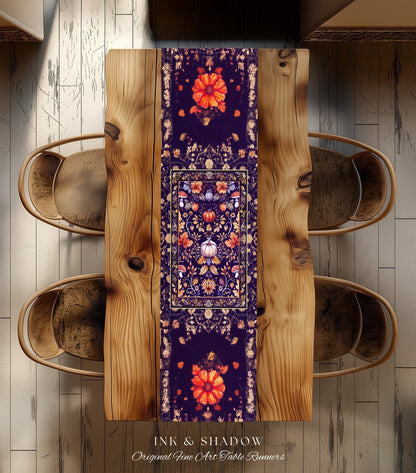 Enchanted Fall Pumpkin Whimsical Floral Table Runner | Dark Cottagecore Moody Botanical Art Purple Halloween Whimsigothic Fairycore Decor |