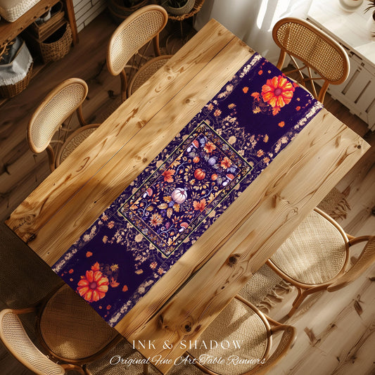 Enchanted Fall Pumpkin Whimsical Floral Table Runner | Dark Cottagecore Moody Botanical Art Purple Halloween Whimsigothic Fairycore Decor |