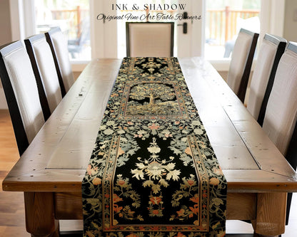 Regal Woodland Tree Table Runner | Floral Heritage Decor Parisian Style Gothic Cottagecore Aesthetic Traditional Dining Room Chateaucore |