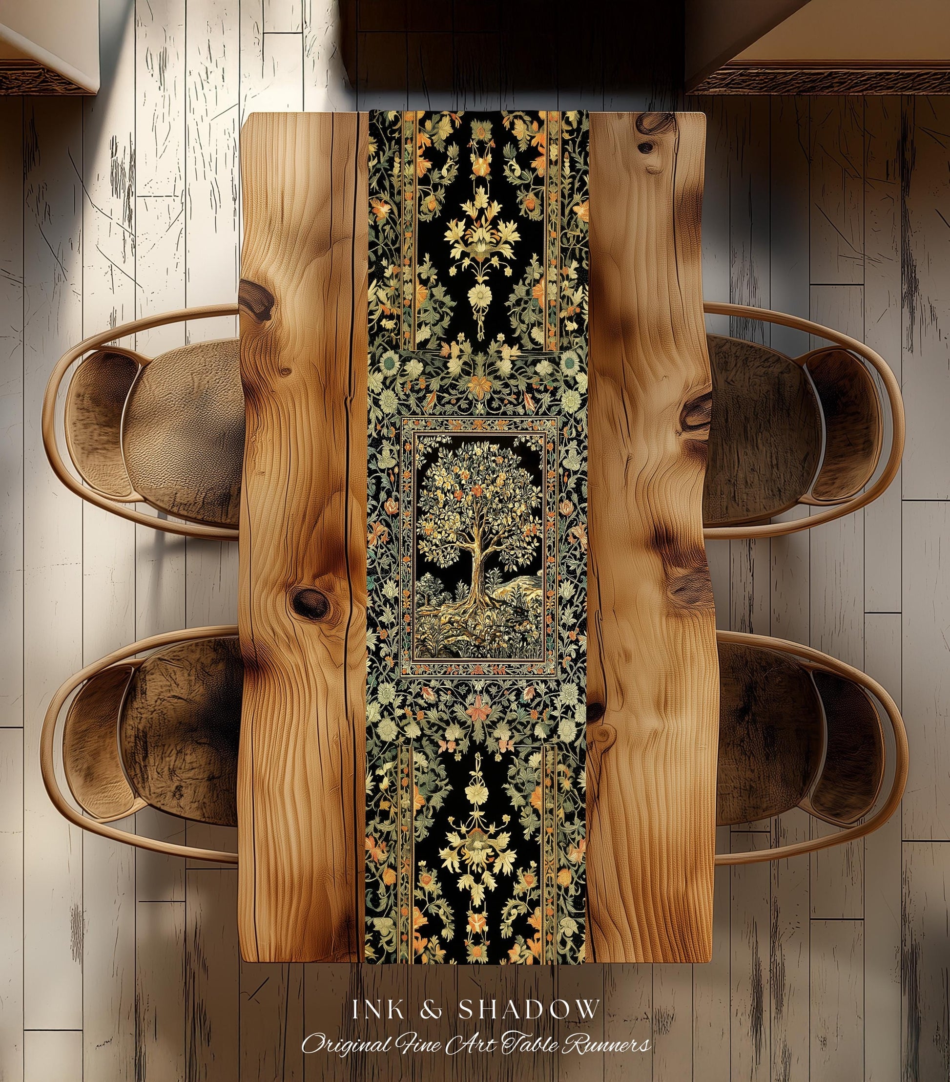 Regal Woodland Tree Table Runner | Floral Heritage Decor Parisian Style Gothic Cottagecore Aesthetic Traditional Dining Room Chateaucore |