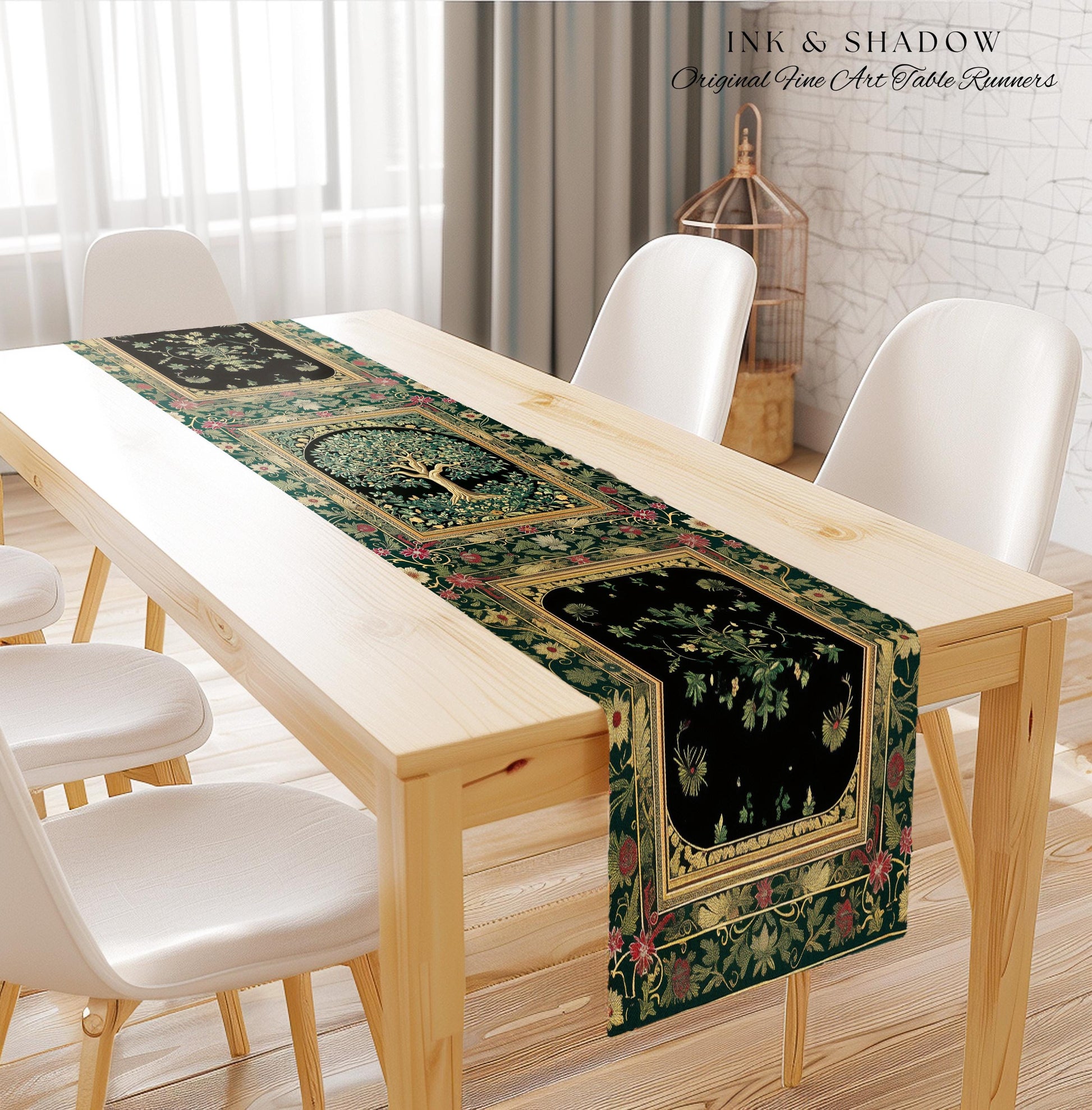 Forest Green Heritage Tree Table Runner | Lush Botanical Dining Room Crimson Floral Border Vintage Cottagecore Maximalist Medieval Aesthetic