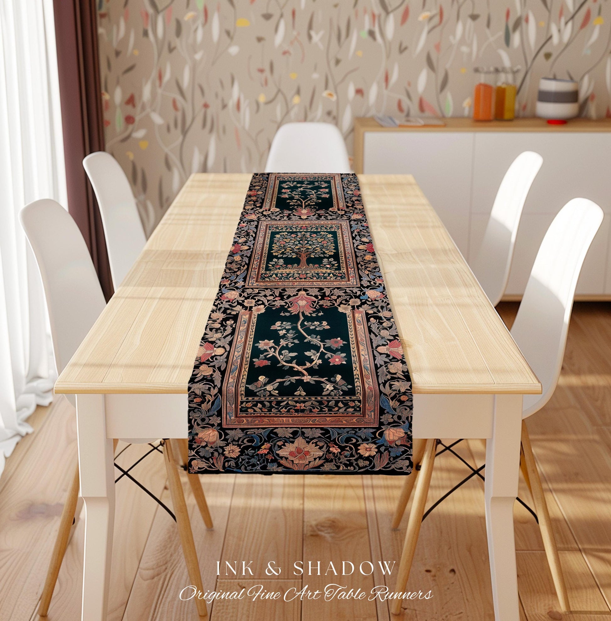 Victorian Folk Art Tree Table Runner | Floral Morris Inspired Dining Room Red Rose Ornate Rococo Classical Medieval Garden Design Maximalist