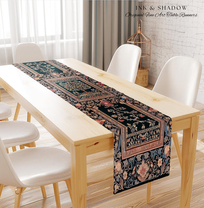 Victorian Folk Art Tree Table Runner | Floral Morris Inspired Dining Room Red Rose Ornate Rococo Classical Medieval Garden Design Maximalist