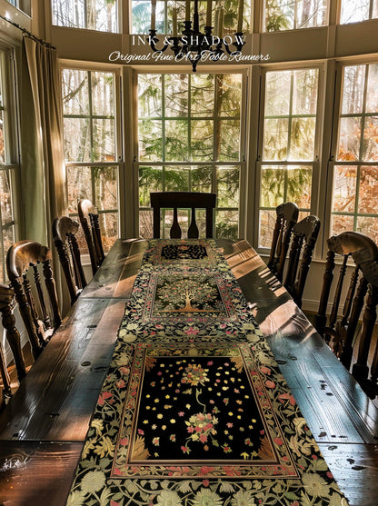 Art Nouveau Maximalist Tree Table Runner | Ornate Botanical Accent Tree of Life Motif Medieval Floral Pattern Romantic Style Morris Inspired