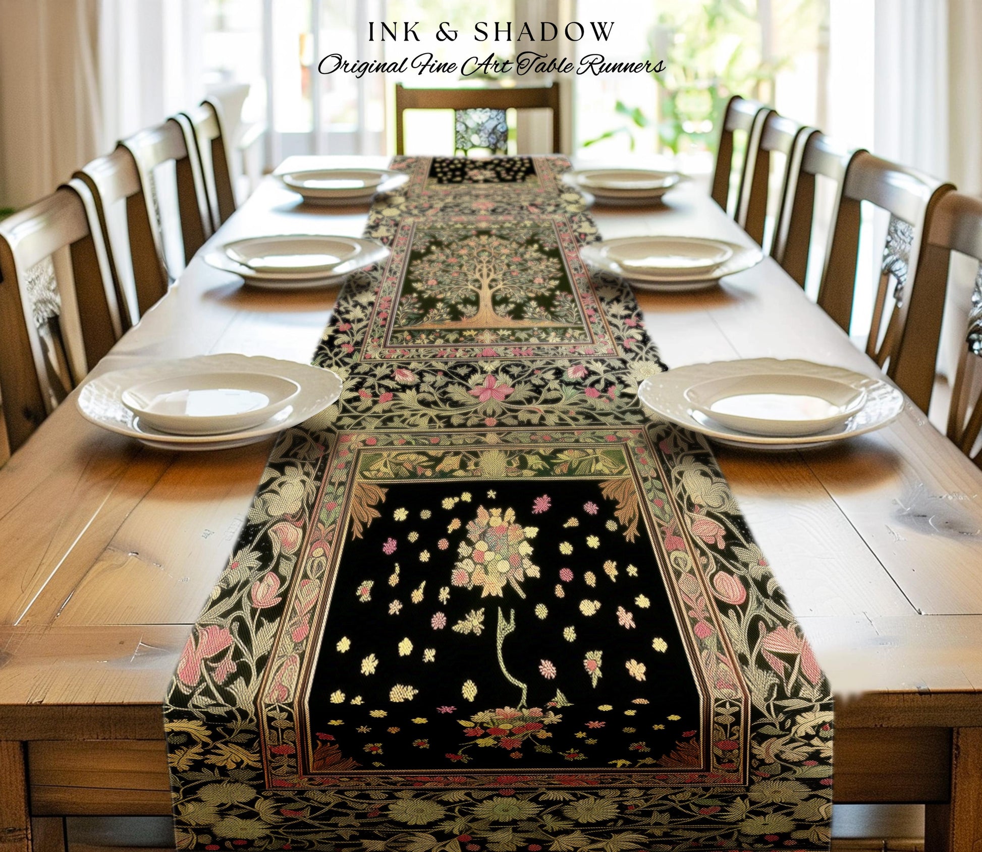 Art Nouveau Maximalist Tree Table Runner | Ornate Botanical Accent Tree of Life Motif Medieval Floral Pattern Romantic Style Morris Inspired