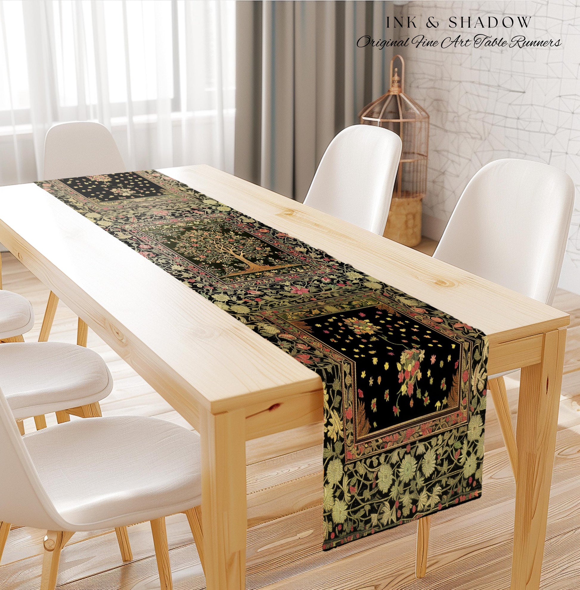 Art Nouveau Maximalist Tree Table Runner | Ornate Botanical Accent Tree of Life Motif Medieval Floral Pattern Romantic Style Morris Inspired