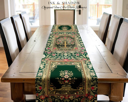 Rosy Botanical Rustic Tree Table Runner | Woodland Cottagecore Folklore Aesthetic Romantic Vintage Fairycore Dining Room Soft Aesthetic Art