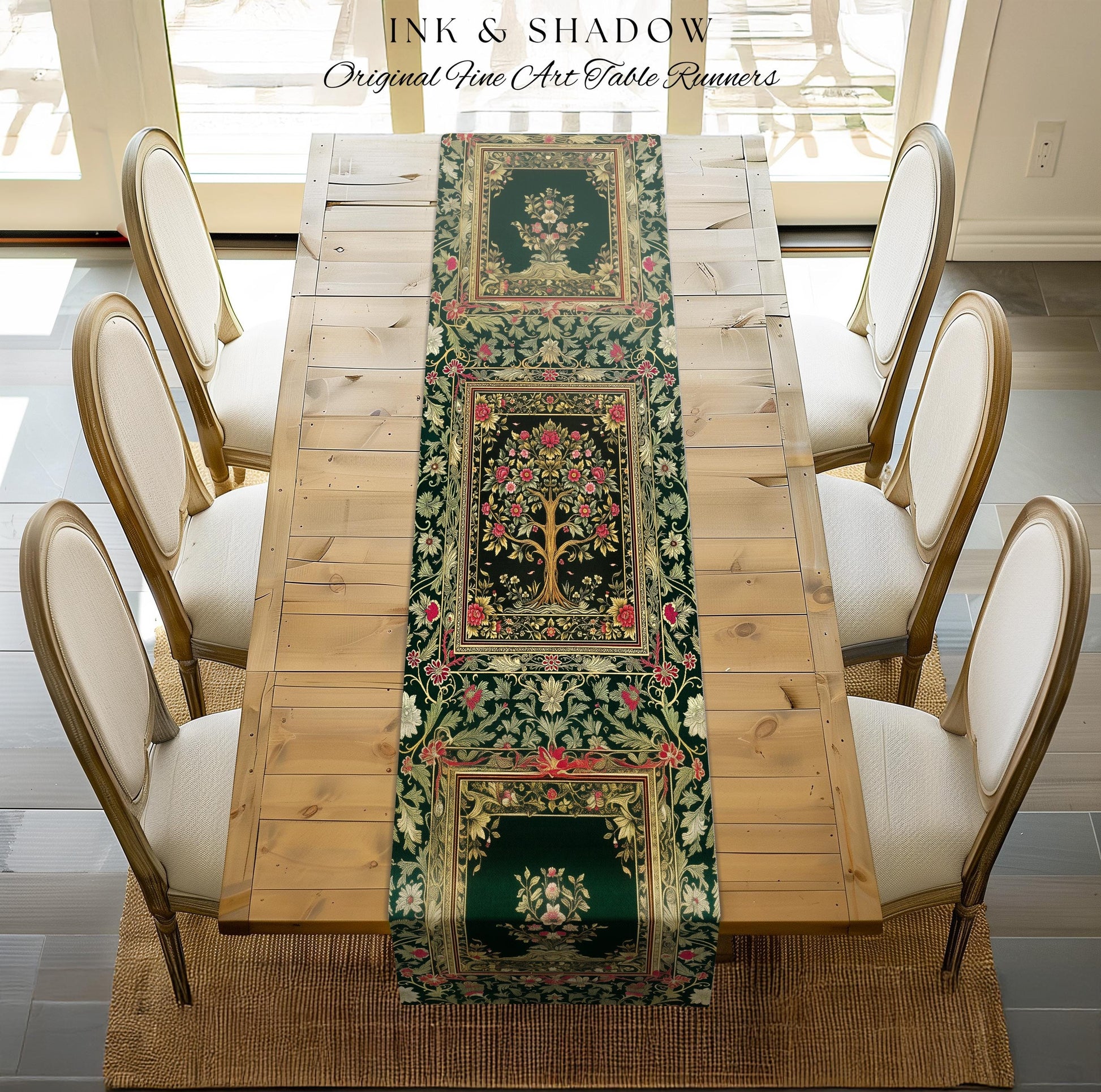 Rosy Botanical Rustic Tree Table Runner | Woodland Cottagecore Folklore Aesthetic Romantic Vintage Fairycore Dining Room Soft Aesthetic Art