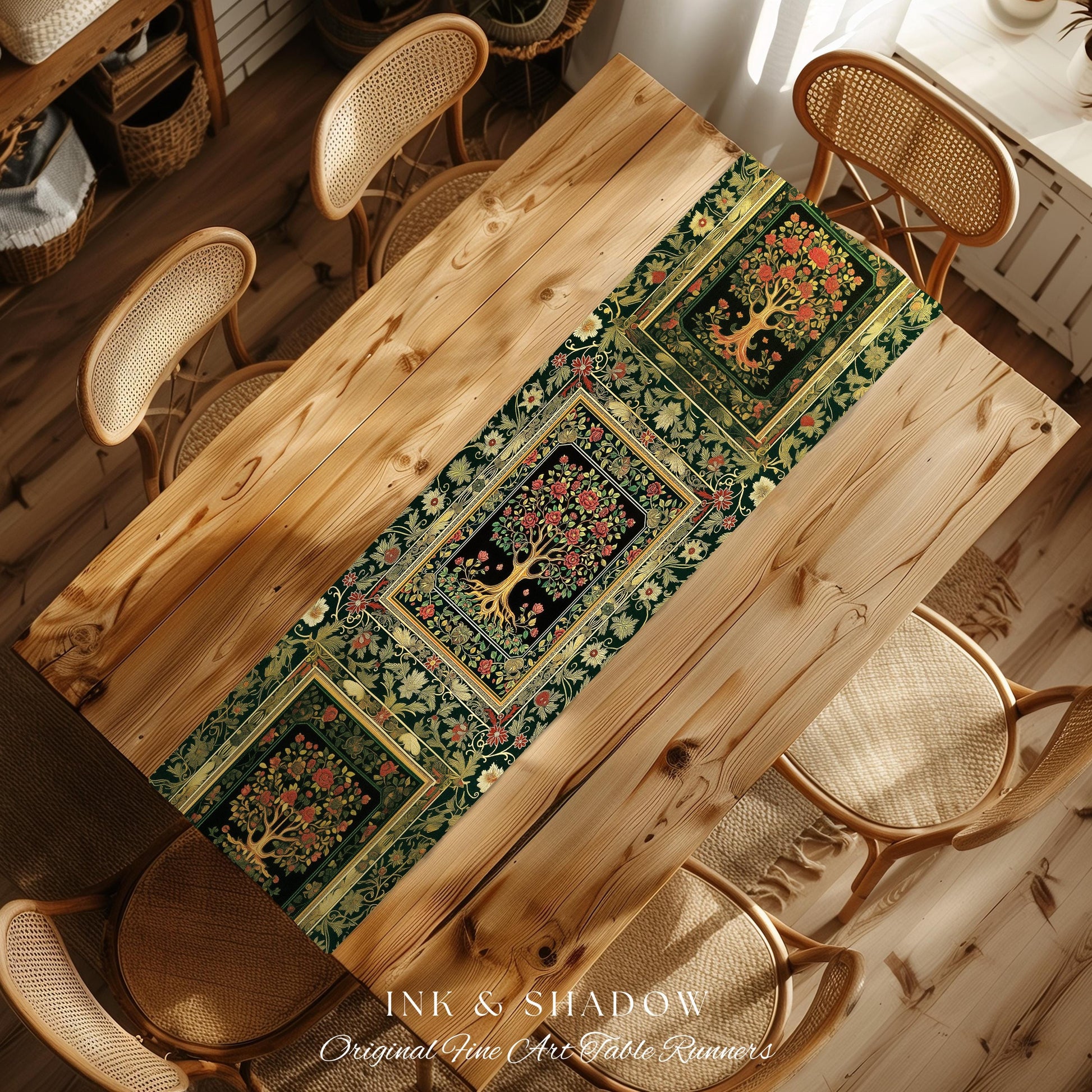 Floral Victorian Garden Tree Table Runner | Baroque Floral Design Folk Art Inspired Medieval Botanical Dining Romantic Rococo Cottagecore |