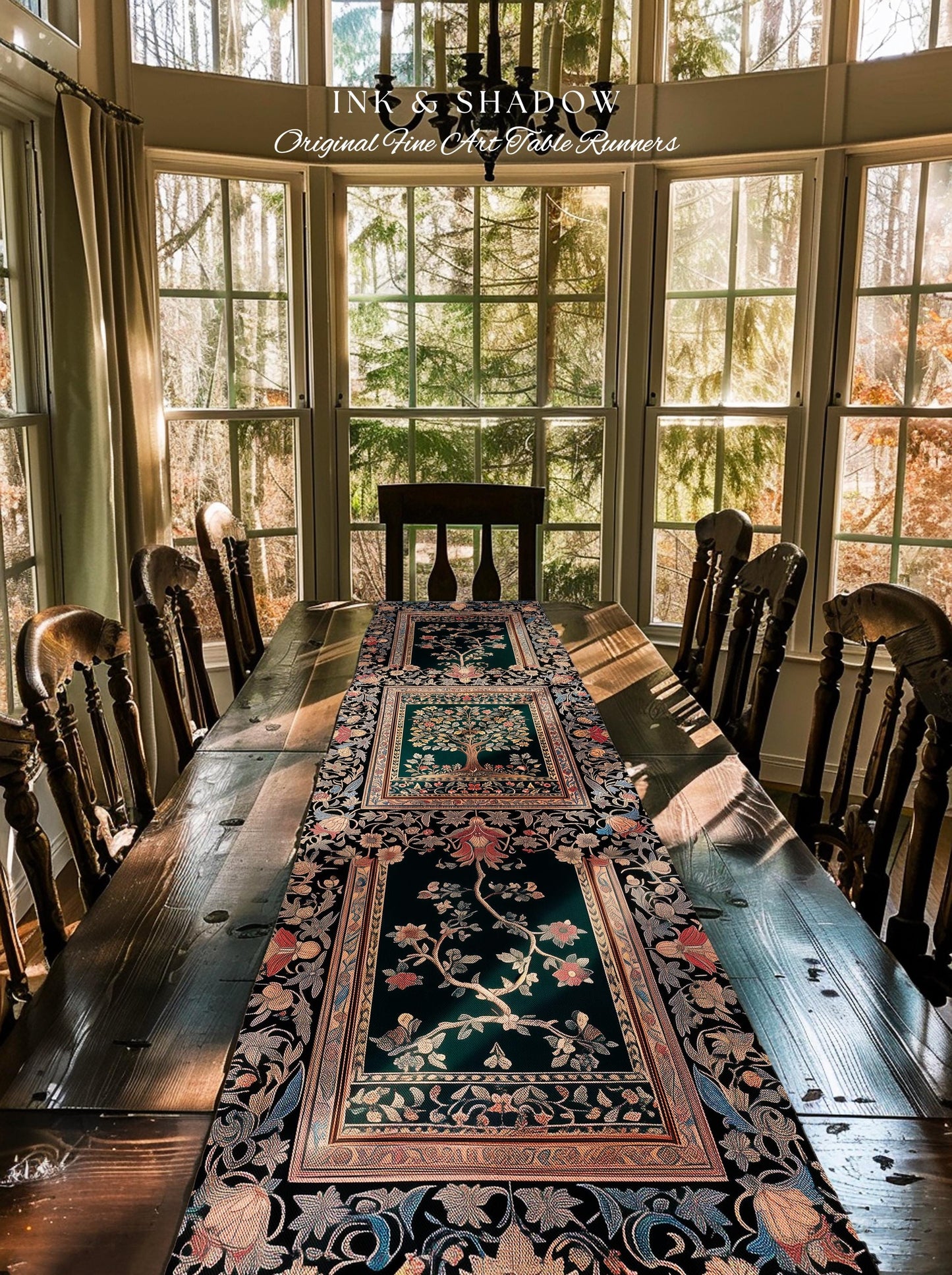 Victorian Folk Art Tree Table Runner | Floral Morris Inspired Dining Room Red Rose Ornate Rococo Classical Medieval Garden Design Maximalist