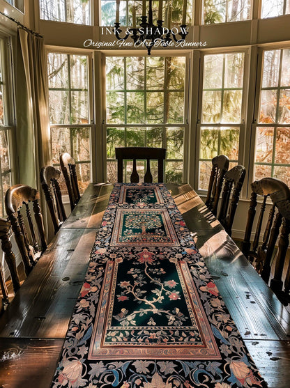 Victorian Folk Art Tree Table Runner | Floral Morris Inspired Dining Room Red Rose Ornate Rococo Classical Medieval Garden Design Maximalist