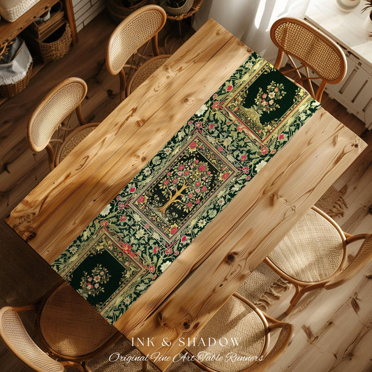Rosy Botanical Rustic Tree Table Runner | Woodland Cottagecore Folklore Aesthetic Romantic Vintage Fairycore Dining Room Soft Aesthetic Art