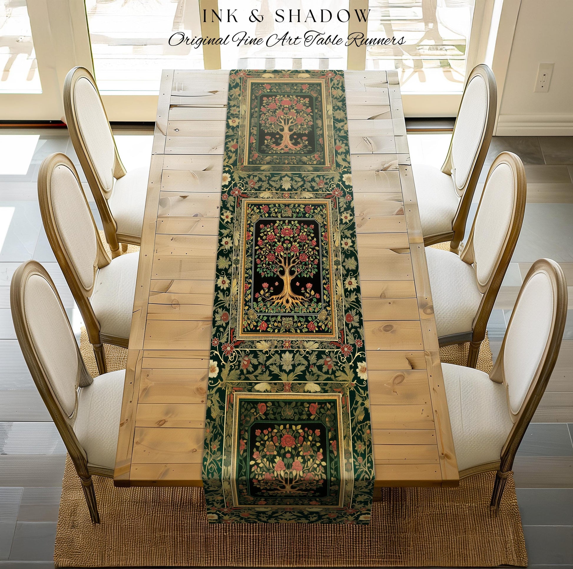 Floral Victorian Garden Tree Table Runner | Baroque Floral Design Folk Art Inspired Medieval Botanical Dining Romantic Rococo Cottagecore |