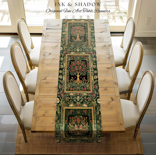 Floral Victorian Garden Tree Table Runner | Baroque Floral Design Folk Art Inspired Medieval Botanical Dining Romantic Rococo Cottagecore |