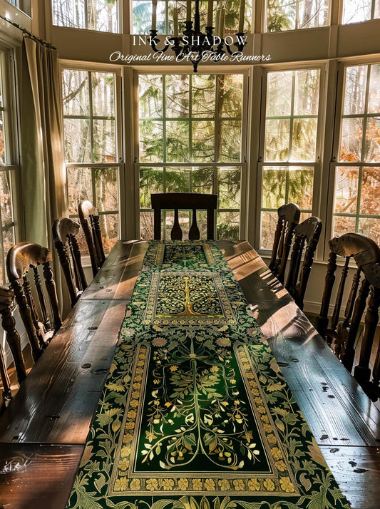 Golden Aesthetic Tree of Life Table Runner | Emerald Botanical Decor Romantic Folklore Gothic Vintage Floral Maximalist Dining Room Accent |