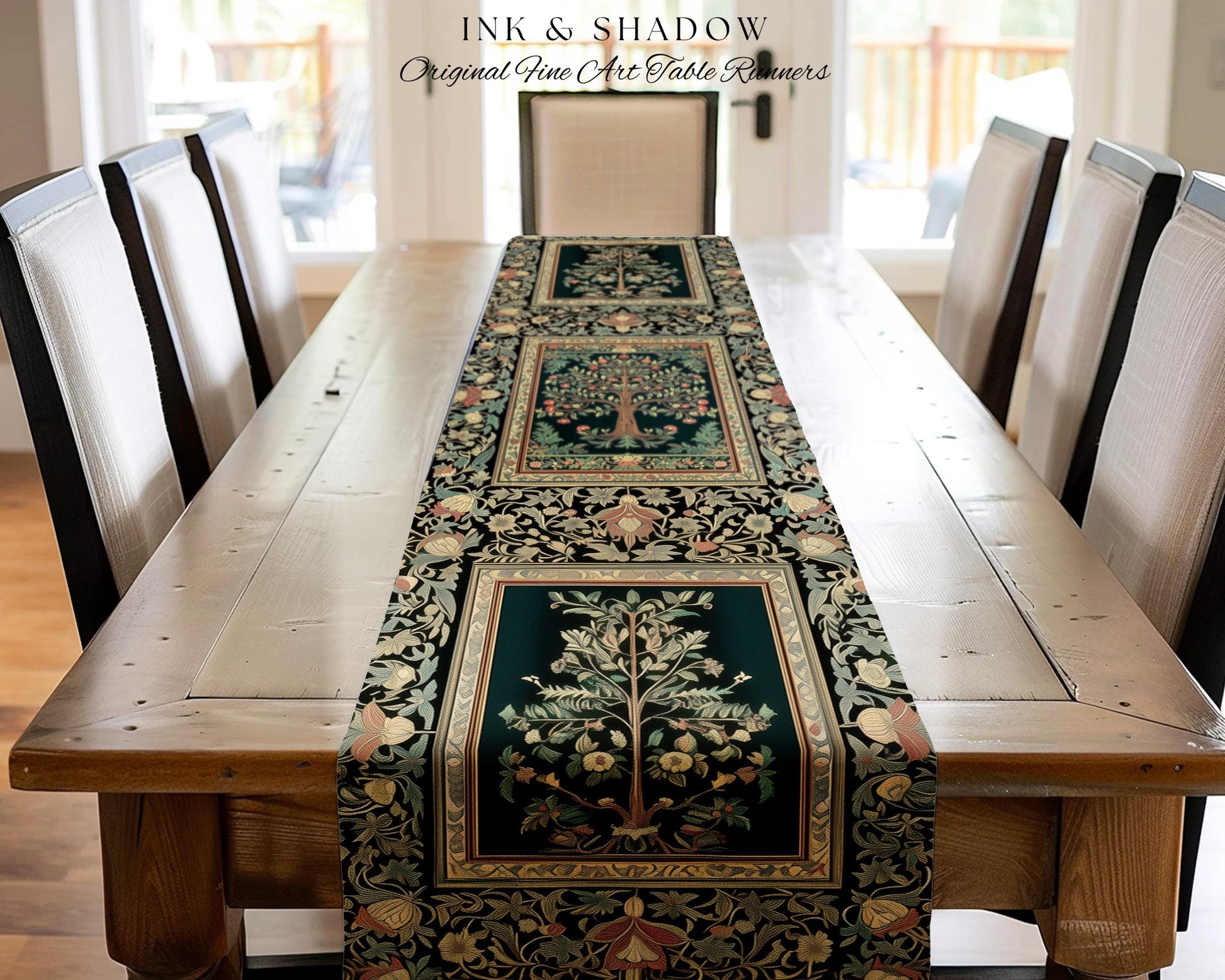 Medieval Folk Art Dark Floral Table Runner | Ornate Tree of Life Morris Style Fairytale Folklore Cottagecore Botanical Decor Jewel Tones |