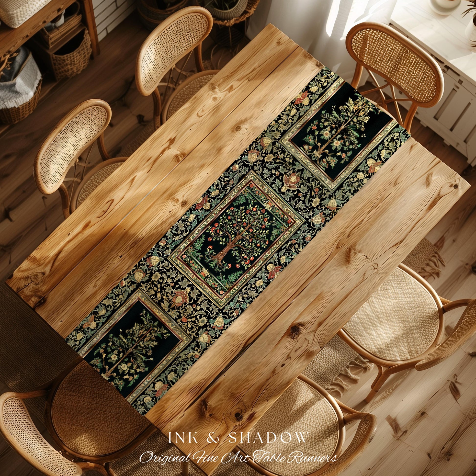 Medieval Folk Art Dark Floral Table Runner | Ornate Tree of Life Morris Style Fairytale Folklore Cottagecore Botanical Decor Jewel Tones |