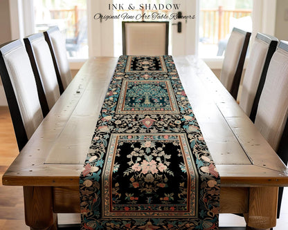 Mystic Ornamental Morris Inspired Tree Table Runner | Cool Tones Botanical Design Fairytale Floral Art Romantic Aesthetic Rococo Cottagecore